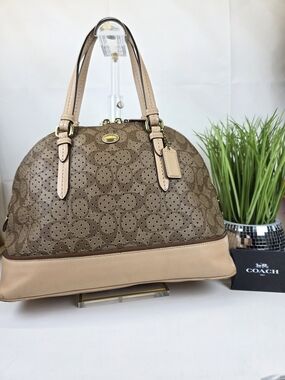 Coach Khaki Tan Signature Peyton Cora Domed Satchel Hand Bag